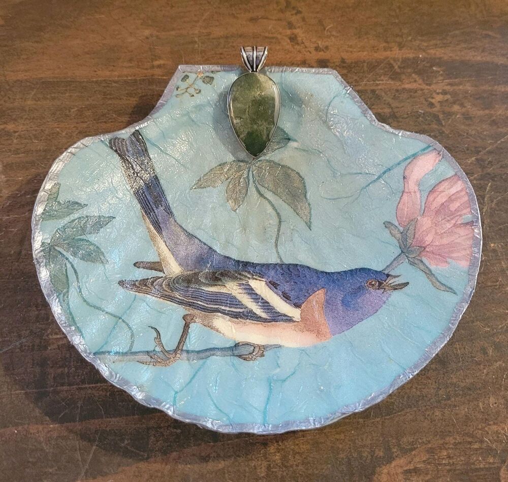 Blue Bird Decoupaged Scallop Shell Trinket Dish with Green Onyx Accent - 6.5"